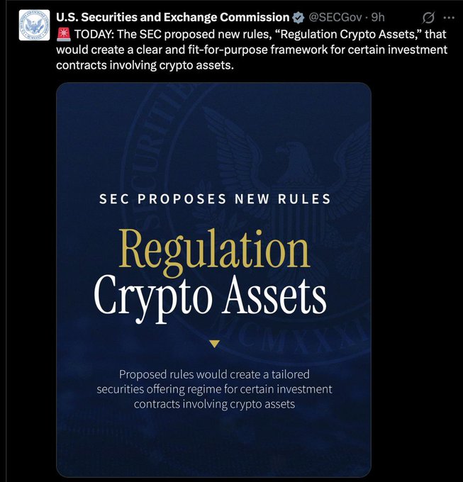 The image shows an official announcement graphic from the U.S. Securities and Exchange Commission (@SECGov) on social media, featuring the SEC's eagle seal on a dark blue background with the headline "SEC PROPOSES NEW RULES — Regulation Crypto Assets" and a subtitle noting "Proposed rules would create a tailored securities offering regime for certain investment contracts involving crypto assets." The graphic visually accompanies the post by officially announcing the SEC's proposal to establish a clear regulatory framework for crypto assets, supporting the message about creating a legitimate pathway for crypto token issuance and fundraising in the U.S.