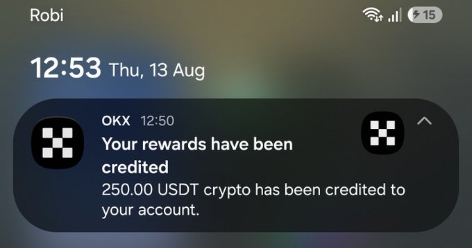 An iPhone notification screenshot showing 'OKX' at 12:50 stating 'Your rewards have been credited' with '250.00 USDT crypto has been credited to your account', displayed at 12:53 on Thu, 13 Aug.