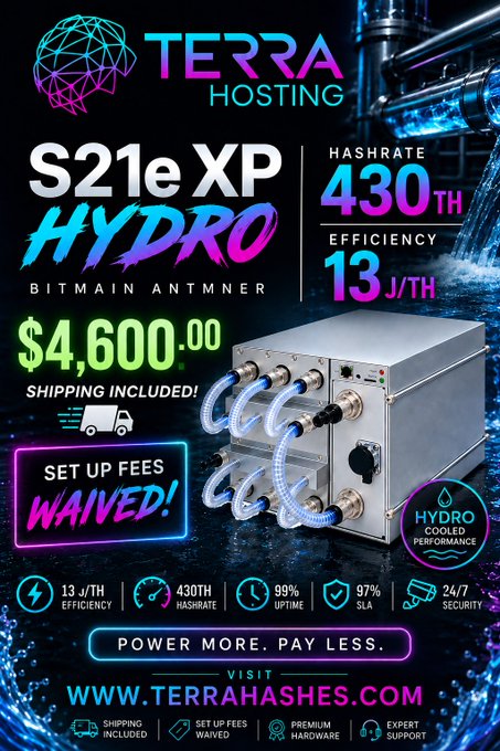 An advertisement for Terra Hosting featuring the Bitmain Antminer S21e XP Hydro with 430TH hashrate and 13 J/TH efficiency, priced at $4,600 with free shipping and waived set-up fees, directing viewers to www.terrahashes.com.
