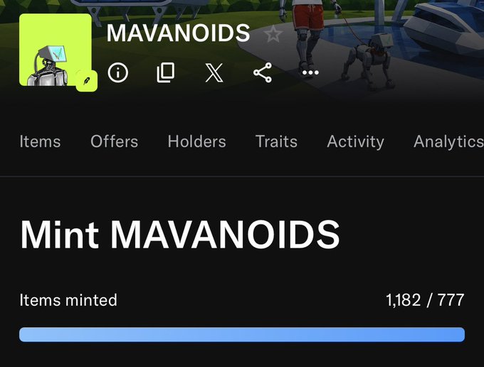 Screenshot of an NFT collection page for "MAVANoids" showing the "Mint MAVANoids" section with 1,182 of 777 items minted.