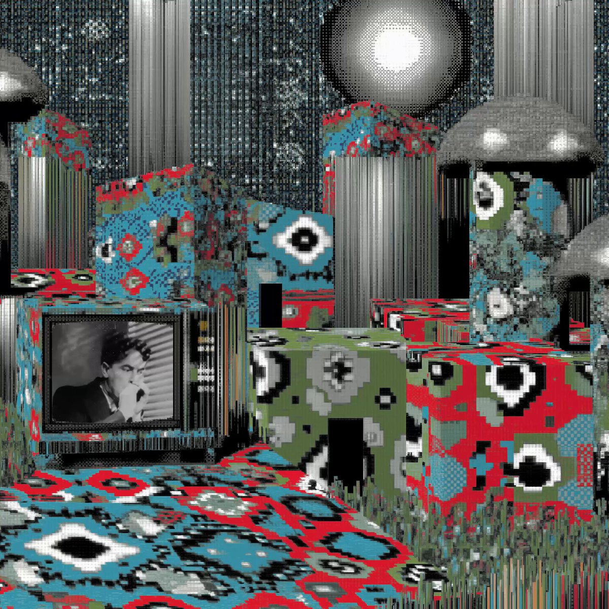 The image features a collage of various objects, including a television set with a picture of a man on it, as well as other items such as cubes and flowers. The collage appears to be a digital art piece or an abstract composition that combines different elements in a visually interesting manner. The post is titled "Swatch #8" and has been tagged with "@objktcom".
