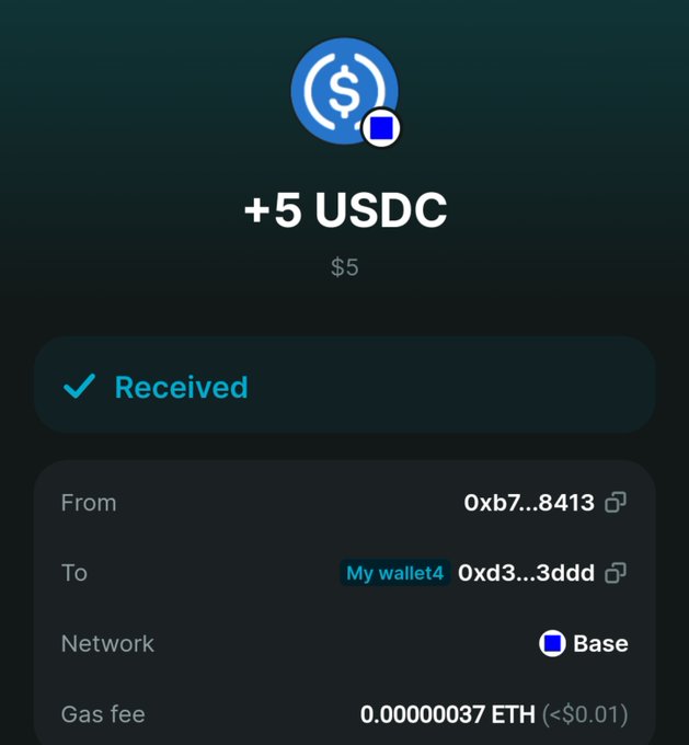 Cryptocurrency wallet confirmation screen showing a successful receipt of +5 USDC ($5) on the Base network.