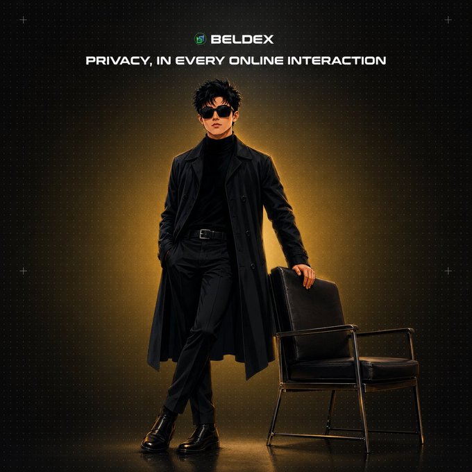 A promotional image featuring a stylized male figure in a black trench coat and sunglasses posing next to a chair against a yellow-lit background, with the text 'BELDEX - PRIVACY, IN EVERY ONLINE INTERACTION'.
