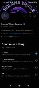 A screenshot of an Instagram profile page for "Solana Whale Trader" (@SOLWHALETRADER), showing 72 following and 388K followers, with notification settings displayed below.
