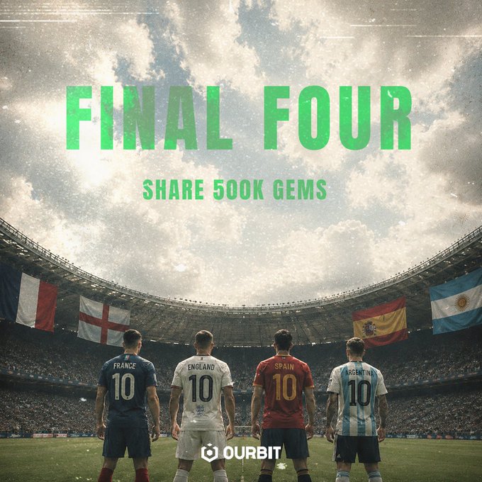 The image is a promotional "FINAL FOUR" graphic for OurBit, featuring four soccer players representing France, England, Spain, and Argentina (each wearing their national jersey with the number 10) standing on a stadium pitch with their respective national flags behind them, advertising a 500,000 gems prize pool for users who trade prediction markets—directly tying into the post's offer to share gems by predicting outcomes like the England vs. Argentina matchup.