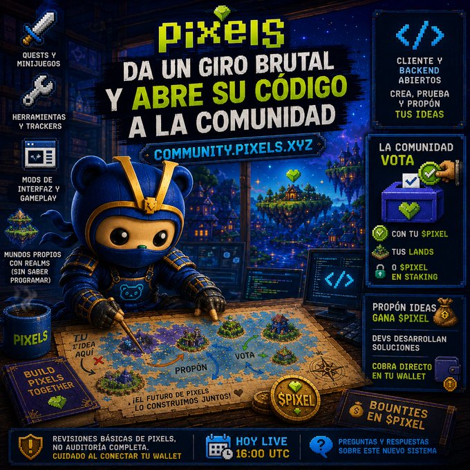 A promotional graphic for 'PIXELS' cryptocurrency invites community participation, featuring a character in blue samurai-style armor planning strategies on a map, with text in Spanish announcing a brutal turn and opening code to the community.