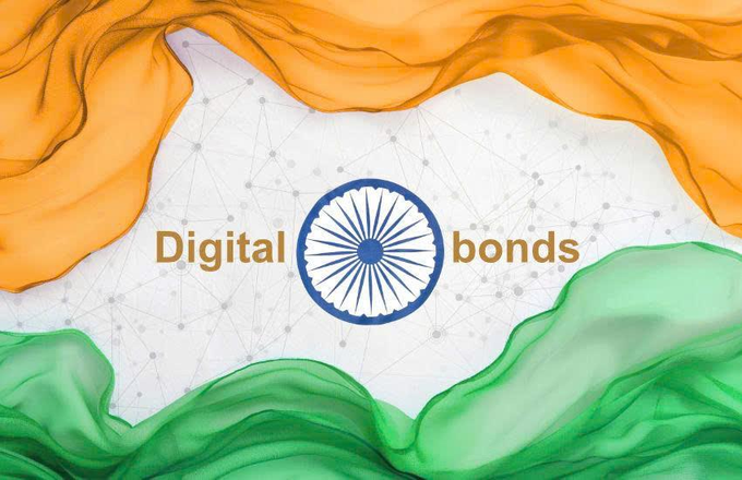 A 'Digital bonds' graphic featuring the Ashoka Chakra emblem (representing India) overlaid on the tricolor flag colors of saffron and green with a white center containing a network node pattern.