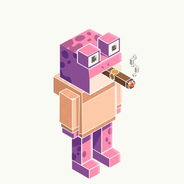 An illustration of a pink and purple axolotl-themed character constructed in a blocky, voxel style, smoking a brown cigar.