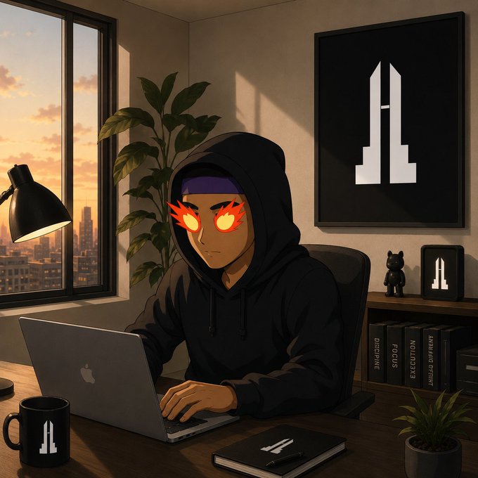 An animated illustration of a person in a black hoodie with glowing flaming orange eyes, working on a laptop in a dimly lit room with a sunset view, a mug, books, and framed artwork.