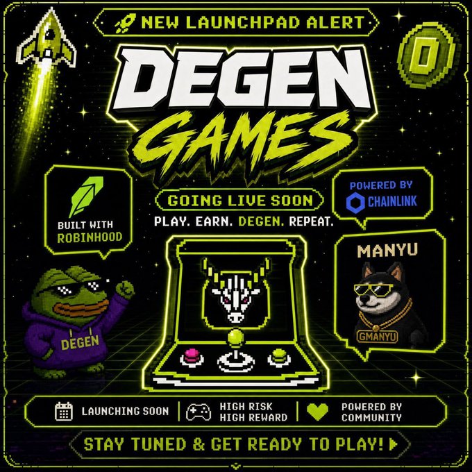 A promotional graphic for 'DEGEN GAMES' announcing a new launchpad, 'GOING LIVE SOON', powered by Chainlink and built with Robinhood, featuring meme characters including a Pepe-style figure and 'MANYU' the dog.