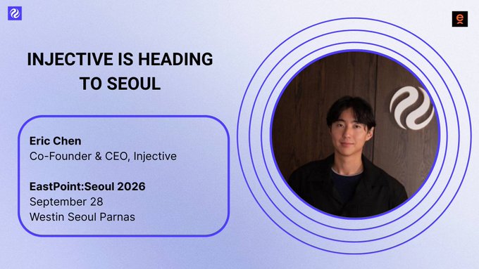 Promotional graphic announcing that Injective Co-Founder & CEO Eric Chen will speak at EastPoint:Seoul 2026 on September 28 at the Westin Seoul Parnas, featuring his portrait alongside the Injective logo and event details.