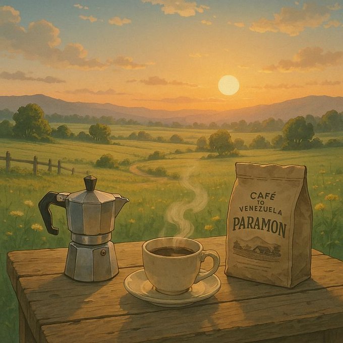 A painted scene of a steaming cup of coffee, a metal moka pot, and a brown bag labeled 'CAFÉ TO VENEZUELA PARAMON' sitting on a wooden table at sunset, with green rolling hills and mountains in the background.