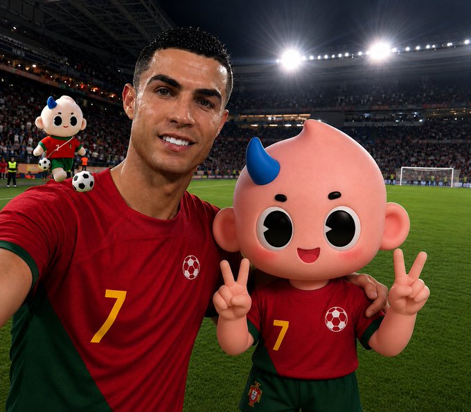 Cristiano Ronaldo in a Portugal #7 jersey taking a selfie alongside a cute pink mascot character, also wearing a Portugal kit with the number 7, on a stadium pitch.