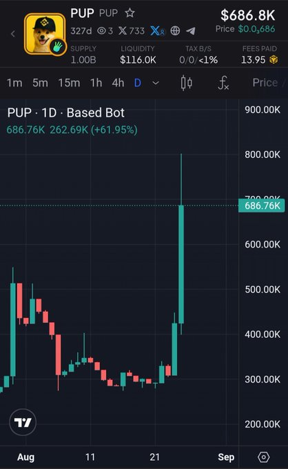 A TradingView chart shows $PUP trading at $686.8K with a +61.95% gain on the daily timeframe, reinforcing the poster's "stick x3" claim while they await a Binance listing by CZ to feel at ease.