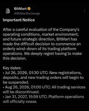 The image is a tweet from BitMart (@BitMartExchange) announcing that the exchange is winding down its trading platform operations, with key dates including the suspension of new registrations and trading orders on July 26, 2026 (01:30 UTC), the discontinuation of all trading services on August 26, 2026 (01:00 UTC), and the official cessation of platform operations on January 31, 2027 (15:59 UTC). This relates to the post by highlighting the growing trend of crypto projects shutting down during the bear market, with BitMart being the latest high-profile casualty alongside other platforms like Dango and Leaf Wallet.