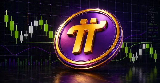 A 3D illustration of a gold and purple Pi cryptocurrency coin in the center, with candlestick charts and market data in the background.