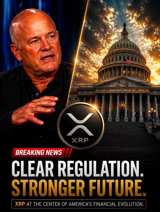 Promotional graphic featuring a man alongside the U.S. Capitol building, with the XRP logo and text reading "BREAKING NEWS: CLEAR REGULATION. STRONGER FUTURE. XRP AT THE CENTER OF AMERICA'S FINANCIAL EVOLUTION."