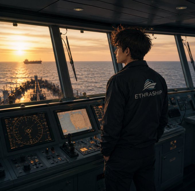 An anime-style illustration of a young man in a dark jacket with the 'ETHRASHIP' logo on the back, standing at the controls of a ship's bridge overlooking a sunset over the ocean.