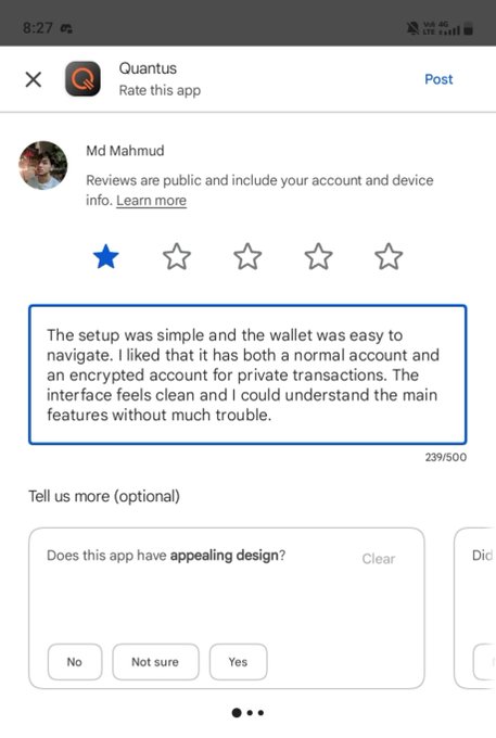 A Google Play Store review screen for the Quantus app showing a 5-star rating with text praising its wallet setup and encrypted account features.