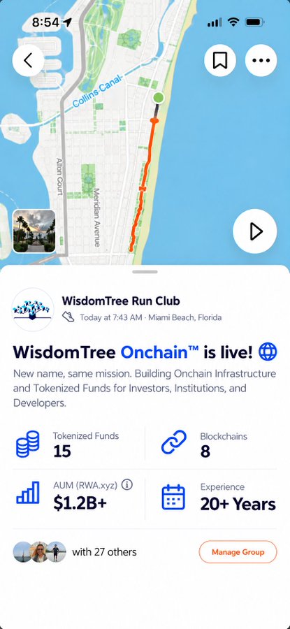 A mobile app screenshot of a running route map in Miami Beach, Florida showing a red track along the coastline near Collins Canal, paired with a promotional post from WisdomTree Run Club announcing 'WisdomTree Onchain™ is live!' with stats including 15 Tokenized Funds, 8 Blockchains, and $1.2B+ AUM.