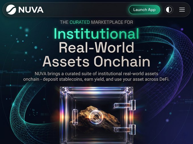 Promotional graphic for NUVA, described as 'THE CURATED MARKETPLACE FOR Institutional Real-World Assets Onchain,' showing a gold bar in a digital vault.