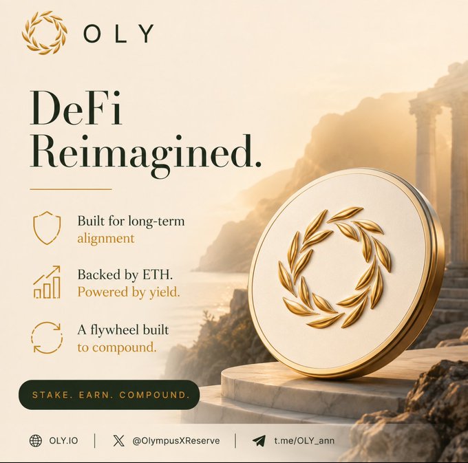 An elegant gold-toned advertisement for OLY titled 'DeFi Reimagined.' featuring a laurel wreath coin and bullet points: 'Built for long-term alignment,' 'Backed by ETH. Powered by yield,' and 'A flywheel built to compound,' with the tagline 'STAKE. EARN. COMPOUND.'