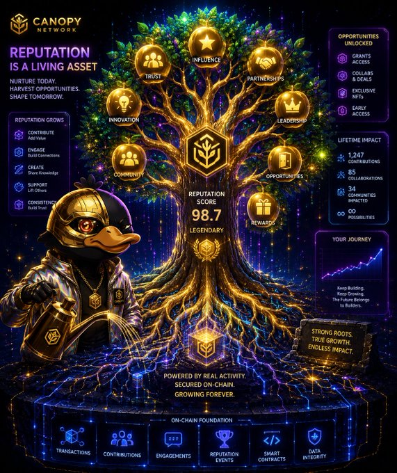 A Canopy Network promotional graphic titled 'REPUTATION IS A LIVING ASSET' showing a reputation score of 98.7 (LEGENDARY) displayed alongside a duck character and a golden tree.