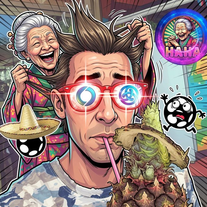 A chaotic caricature depicts a wide-eyed man with glowing glasses (featuring the Polkadot and Chainlink logos) sipping a smoothie with a straw from a pineapple, while a laughing elderly woman pulls his hair and small black cartoon characters dance around him alongside a sombrero and a "HAHA" badge — visually mocking a Polkadot promoter's financial losses.