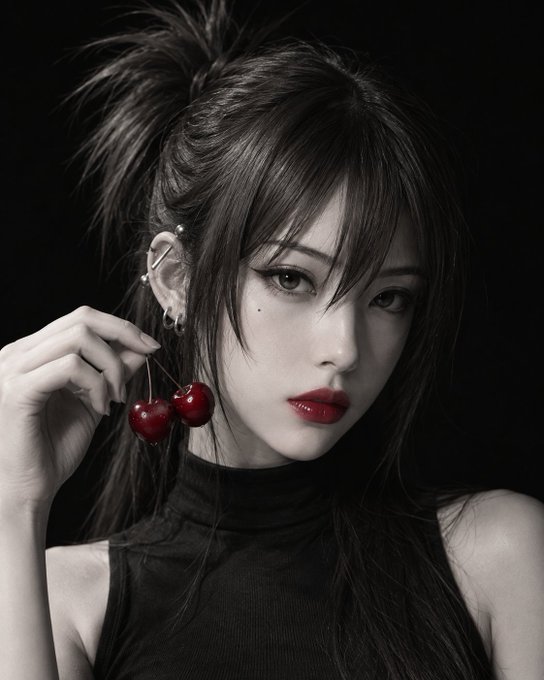 A young woman with dark hair in a high ponytail poses with two cherries held near her face, wearing a black sleeveless turtleneck against a dark background.
