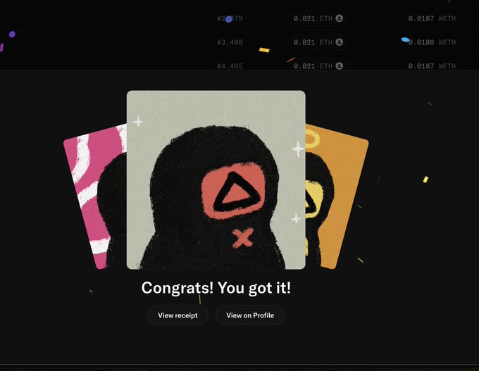 A digital collectible reveal screen displays a black hooded character card with a YouTube play button logo, reading 'Congrats! You got it!' with transaction details showing ETH and WETH amounts.