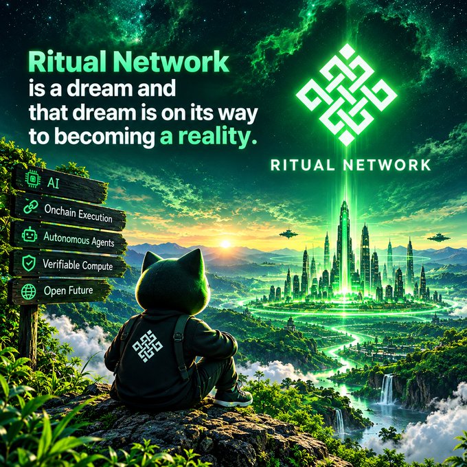 A promotional image for "RITUAL NETWORK" features a cat-like character in a hoodie looking out over a futuristic green city, with text reading "Ritual Network is a dream and that dream is on its way to becoming a reality." and listing features like "AI," "Onchain Execution," "Autonomous Agents," "Verifiable Compute," and "Open Future."