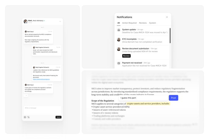 A product mockup showcasing an agentic interface designed for drafting MiCA (Markets in Crypto-Assets) compliance contracts, featuring three panels: a chat assistant ("Matt, Asks Advisory") addressing specific MiCA compliance queries (e.g., KYC and CASP obligations), a notifications center flagging pending actions like system updates and KYC submissions for Case #IMCA-1024, and a contextual citation linking directly to the relevant regulation excerpt on the EU's MiCA scope for crypto-asset service providers (CASPs).