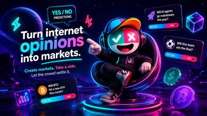 A vibrant, neon-styled promotional graphic for the Bopster prediction market platform features a cartoon mascot in a cap and headphones pointing toward the tagline "Turn internet opinions into markets," surrounded by floating sample prediction cards showing real-world questions like "Will AI agents go mainstream this year?" (62% Yes / 38% No), "Will this team win the final?" (55% / 45%), and "Will BTC hit a new ATH this month?" (71% Yes / 29% No). The image visually reinforces the post's message by illustrating Bopster's user-generated prediction market concept, where anyone can create YES/NO markets on trending topics, sports, or crypto price targets, all running on-chain via Base smart contracts.