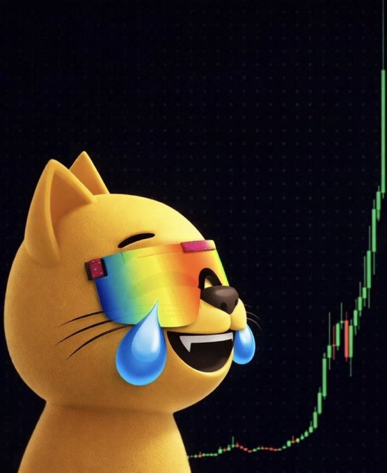 A cartoon yellow cat wearing rainbow shutter shades with large crying tears emojis, smiling next to a green rising stock chart on a black background.