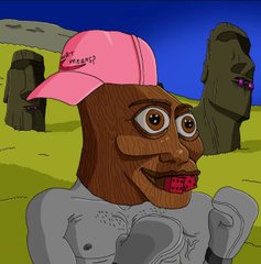 A pixel art image of a brown wooden figure with a mustache wearing a pink cap, set against a green landscape with Moai-like statues in the background.
