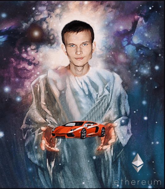 A painting of a young man in a white shirt holding a red sports car, set against a cosmic galaxy background, with the Ethereum logo and 'ethereum' text in the bottom right corner.