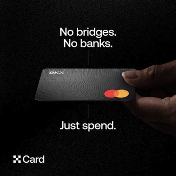 An advertisement for 'X Card' showing a black Mastercard with the text 'No bridges. No banks. Just spend.'