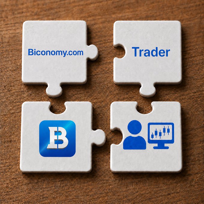 The image features four white puzzle pieces that are arranged side by side, each representing a different aspect of trading or investing. The first piece represents the term "BICONOMY.COM", which stands for Bicomanycom.com. The second piece shows a person wearing a blue shirt and holding a computer mouse, symbolizing the use of technology in trading. The third piece depicts a person using a computer monitor to analyze stock market trends, highlighting the importance of staying informed about market conditions. The fourth piece represents a person with a blue shirt and a computer monitor, emphasizing the role of technology in modern trading strategies.