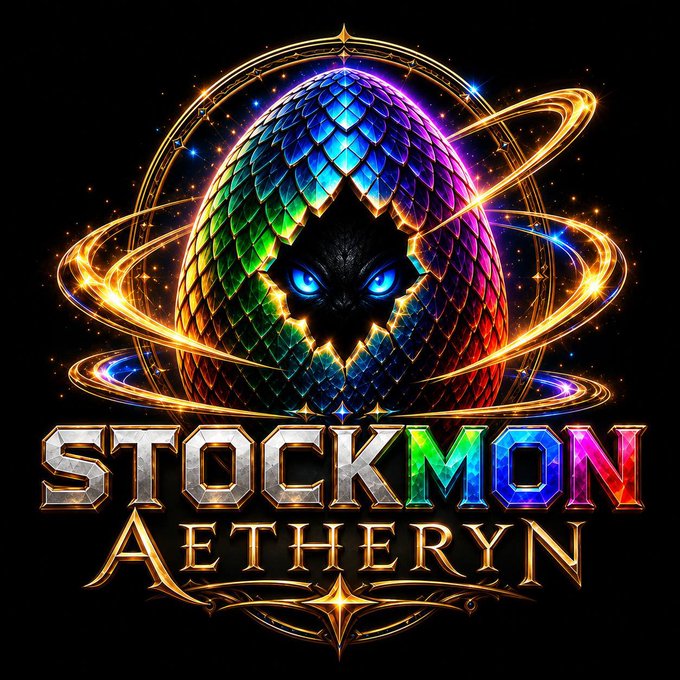 A vibrant logo for 'STOCKMON AETHERYN' featuring a black cat with glowing blue eyes emerging from a colorful rainbow-scaled egg surrounded by golden rings and sparkles on a starry background.