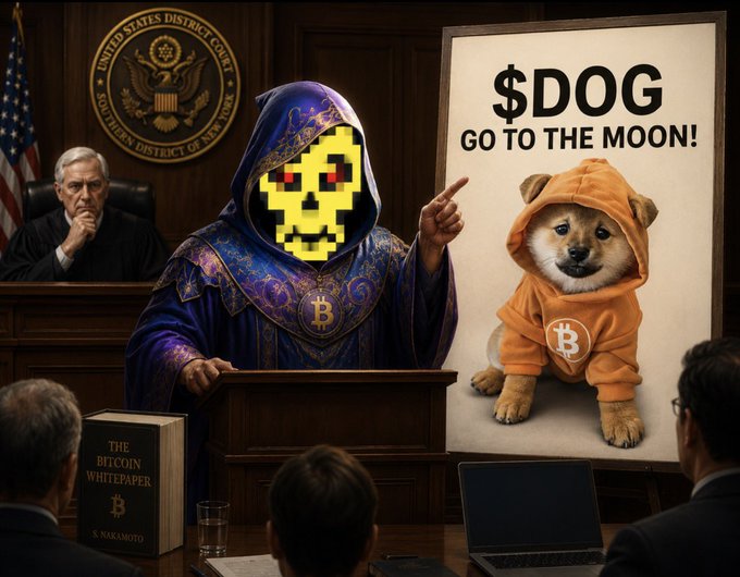 A surreal courtroom scene featuring a judge in robes with a pixelated Bitcoin symbol for a face, pointing at a Shiba Inu dog in an orange hoodie on a '$DOG GO TO THE MOON!' poster, with 'The Bitcoin Whitepaper' visible.