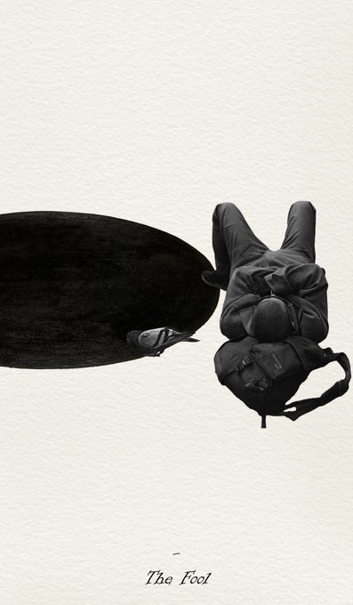 A black-and-white tarot card illustration titled "The Fool," depicting a figure in dark clothing lying beside a large circular shadow on a textured white background, accompanied by a small object that appears to be a shoe or hat. The minimalist composition evokes themes of journey and new beginnings, aligning with the NFT's edition of 24 titled "0 The Fool."