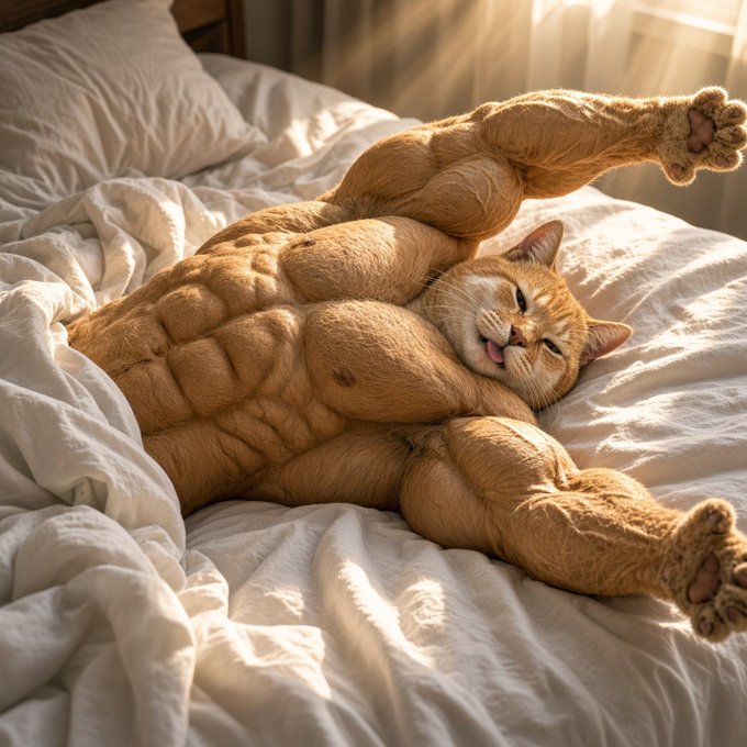 An AI-generated or surreal image showing a ginger cat's face emerging from the heavily muscled, bodybuilder-like torso and arms of a hairless cat sprawled across a bed.
