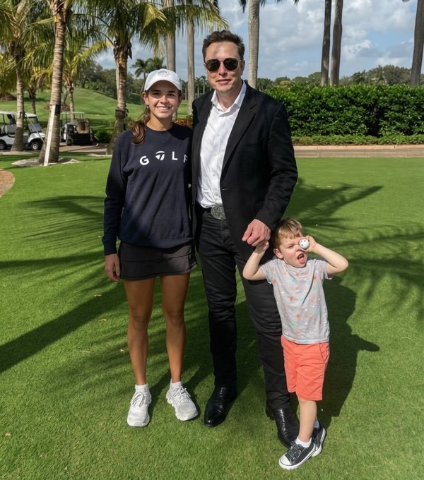 Elon Musk in a black suit and sunglasses poses on a golf course with a teenage girl in a navy 'GOLF' sweatshirt and a young boy in an orange t-shirt.