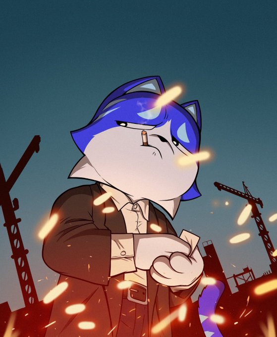 An anthropomorphic blue and white cat character wearing a brown suit and white shirt, smoking a cigarette with sparks flying around against an industrial background with cranes.