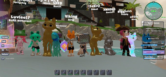 A screenshot from a video game, likely Roblox, showing a lineup of diverse player avatars with names like Luvlee17, Viking, SekrO, and XMaDe3 floating above them in a colorful virtual environment with a quest panel on the right.