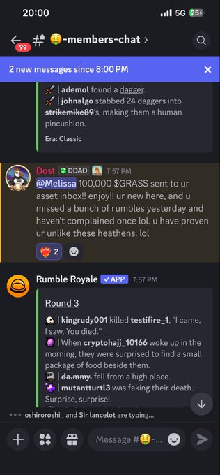 The image is a screenshot of a group chat, most likely on a messaging app like WhatsApp or Messenger. The users have been sharing their experiences since joining the community, with various messages indicating different interactions within the group. One person has missed two rumbles that occurred at 8 pm and 9 am, while another person in the same community has 100,000 $GRASS in their inbox, which is quite an unusual amount for a message to contain. The overall sentiment of these messages seems positive, with users expressing gratitude and enthusiasm towards each other's experiences within the group.