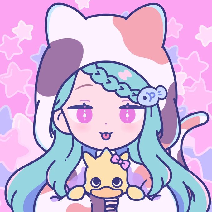 A cute anime-style illustration of a girl with teal hair, a fish-shaped hair clip, and a cat-ear hood, holding a small yellow duck-like plushie against a pink starry background.