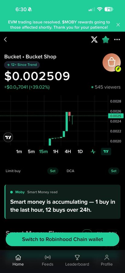 A Robinhood app screenshot showing 'Bucket • Bucket Shop' token at $0.0002509, up 39.02%, with a notification about EVM trading issue resolved and $MOBY rewards.