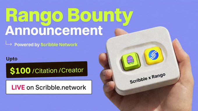 A promotional graphic announces 'Rango Bounty Announcement' powered by Scribble Network, offering up to $100 per citation/creator, with 'LIVE on Scribble.network' text.