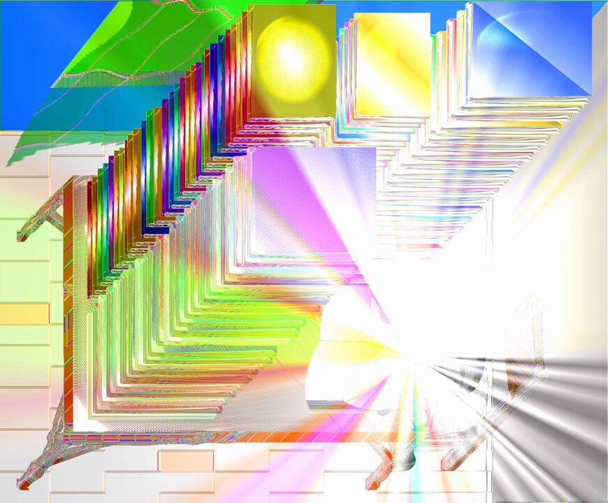 The image features an abstract art piece with a white background, featuring a series of colorful squares arranged in a zigzag pattern. The squares are predominantly green, yellow, pink, blue, orange, and purple, creating a vibrant and dynamic visual effect. The sun is shining brightly from the top right corner, casting rays that illuminate the squares and create a sense of depth and dimension to the artwork. The image also contains text elements such as "We are the story we tell about ourselves; ultimately, a literary device." This suggests that the art piece might be related to literature or storytelling in some way, possibly using the abstract design to convey a message or evoke emotions.